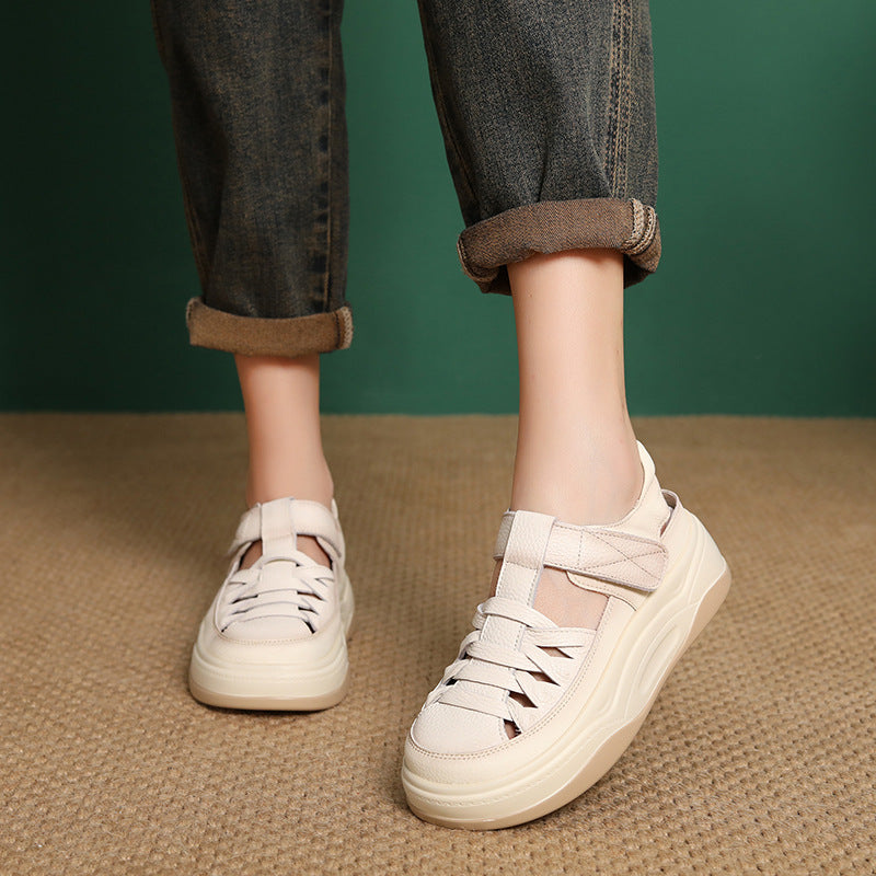 Women's Casual Plaited Leather Round Head Velcro Sandals-RAIIFY