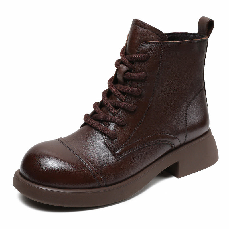 Women Retro Solid Leather Casual Combat Boots-RAIIFY