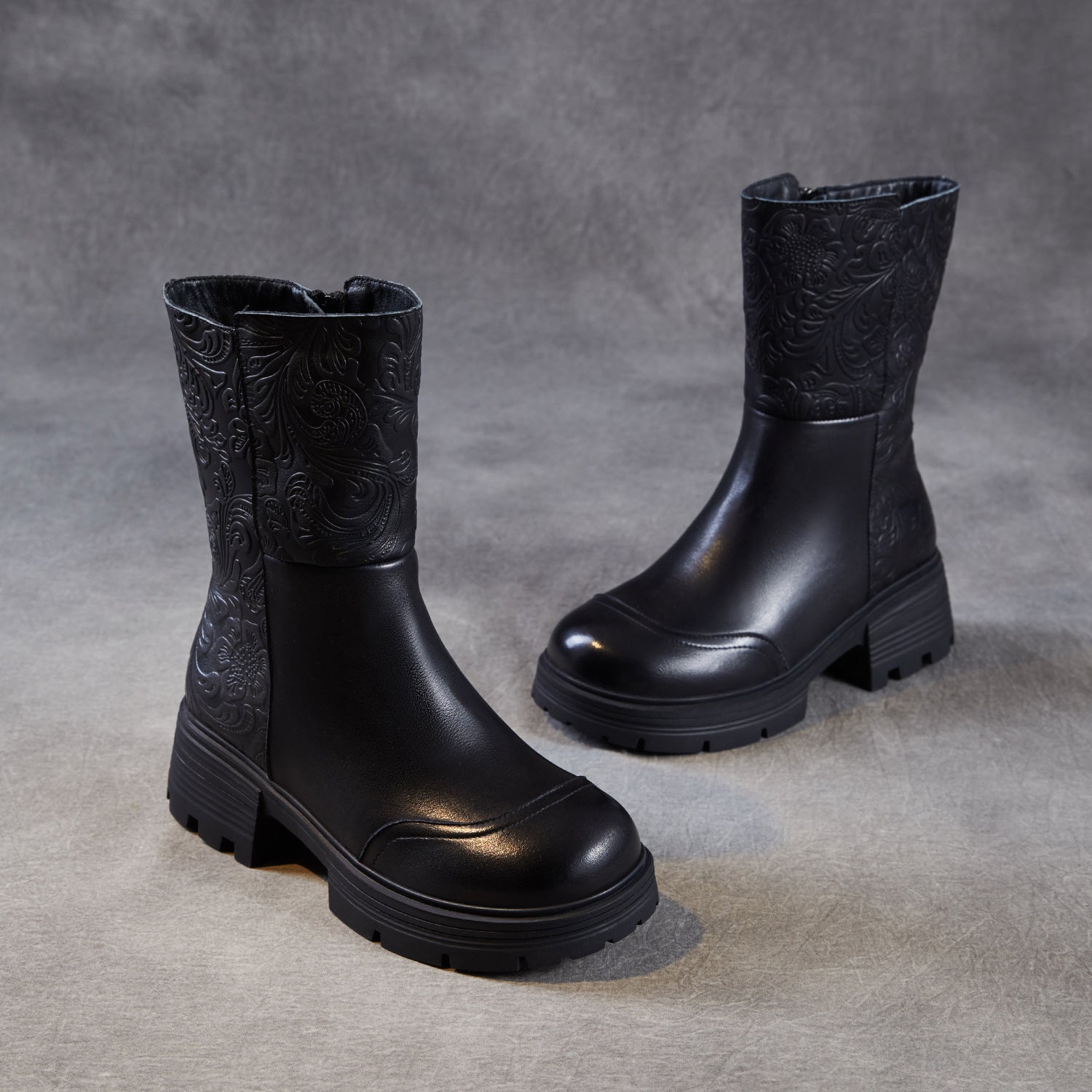 Women's Retro Embossed Leather Furred Mid-Calf Boots-RAIIFY