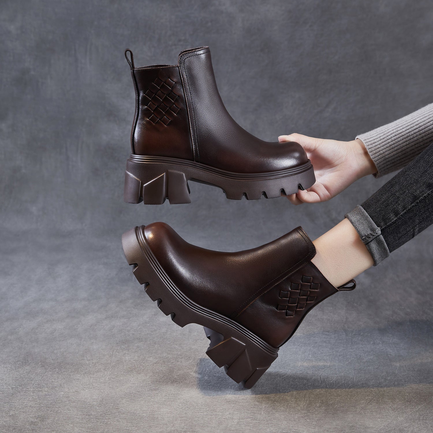 Women's Minimalist Woven Plain leather Platform Ankle Boots-RAIIFY