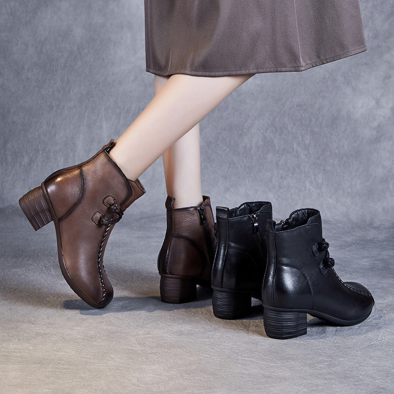Women's Retro Leather Winter Furred Low Block Ankle Boots-RAIIFY