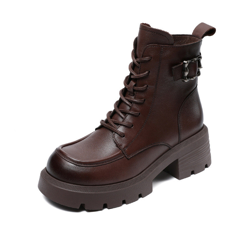 Women Vintage Leather Buckle Low Block Boots-RAIIFY