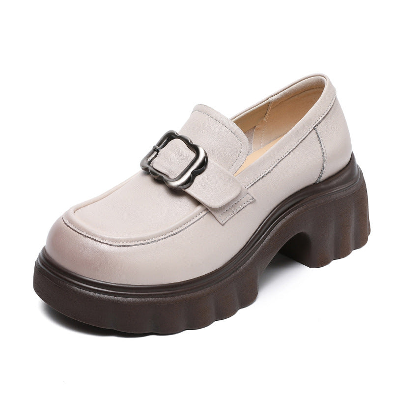 Women Retro Leather Chunky Heel Casual Loafers-RAIIFY