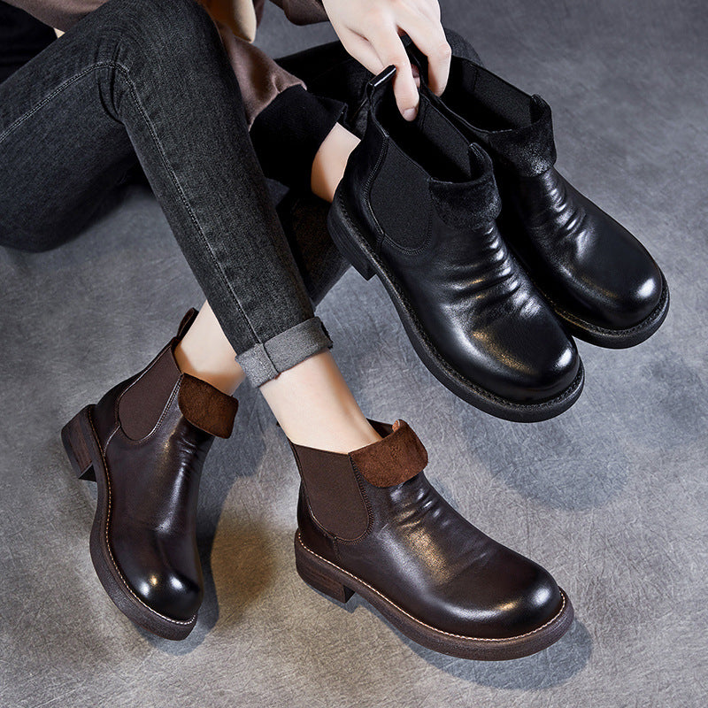 Women Retro Solid Leather Casual Ankle Boots-RAIIFY