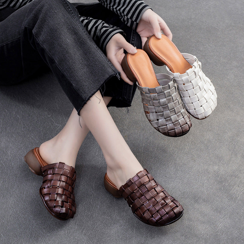 Women Handmade Plaited Leather Low Block Slides Sandals-RAIIFY
