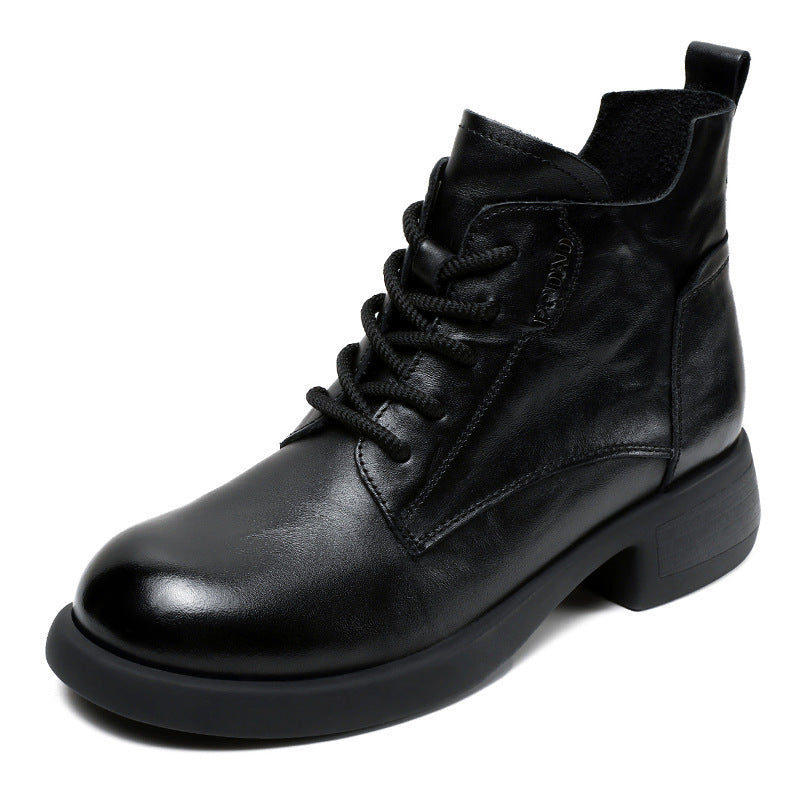 Women Retro Pleated Leather Low Block Ankle Boots-RAIIFY