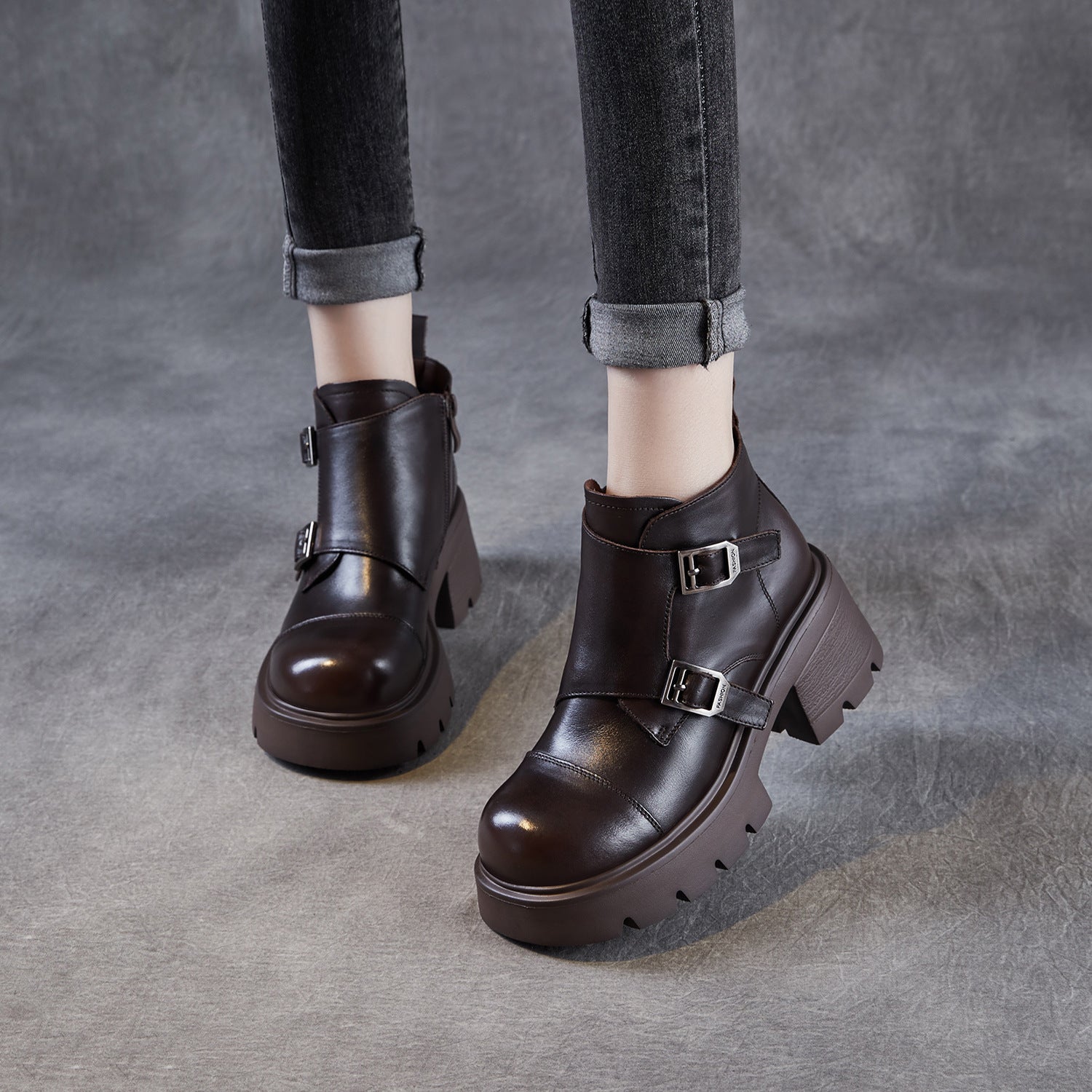 Women's Retro Leather Buckle Platform Ankle Boots-RAIIFY