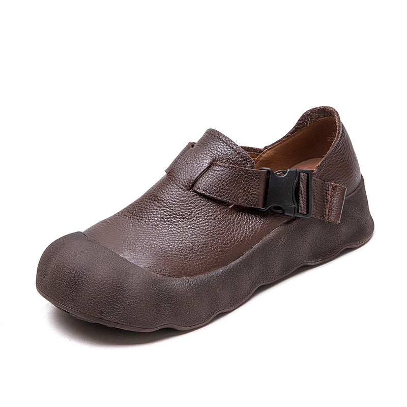 Women Vintage Plain Leather Buckle Soft Casual Shoes-RAIIFY