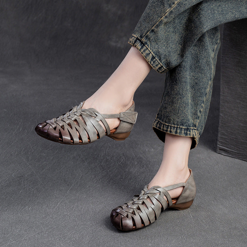 Women Retro Plaited Leather Flat Casual Sandals-RAIIFY