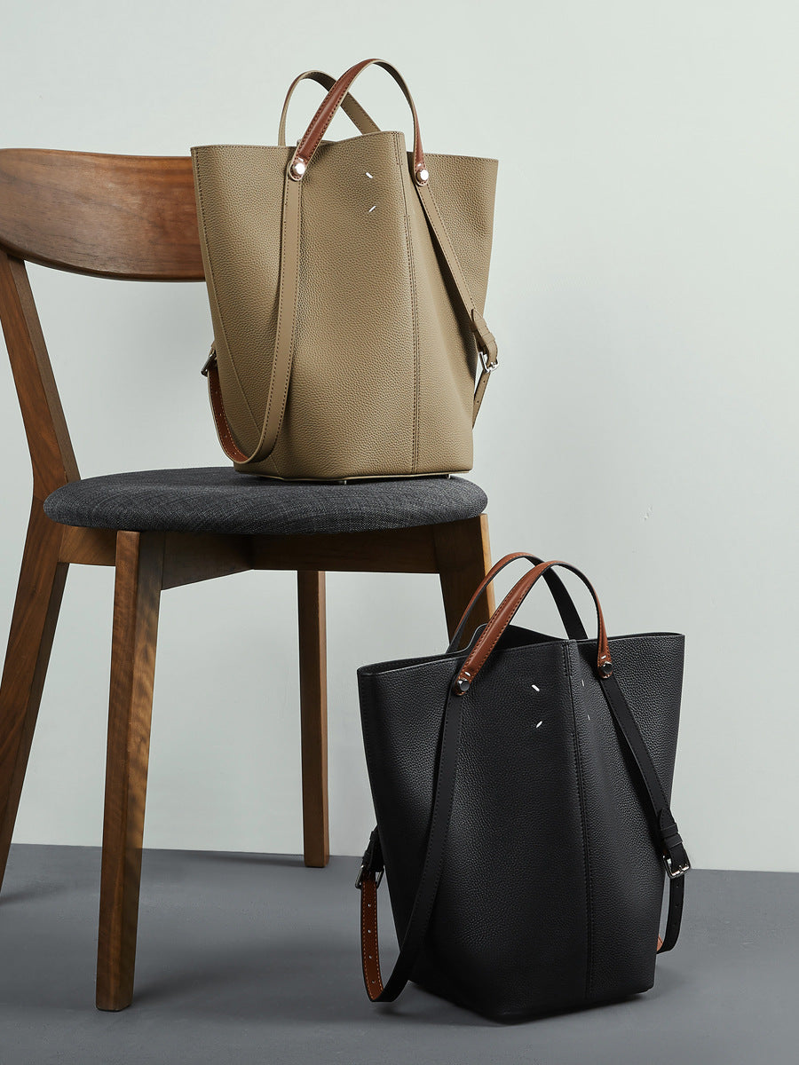 Women’s Soft Plain Leather Casual Bucket Bag-RAIIFY