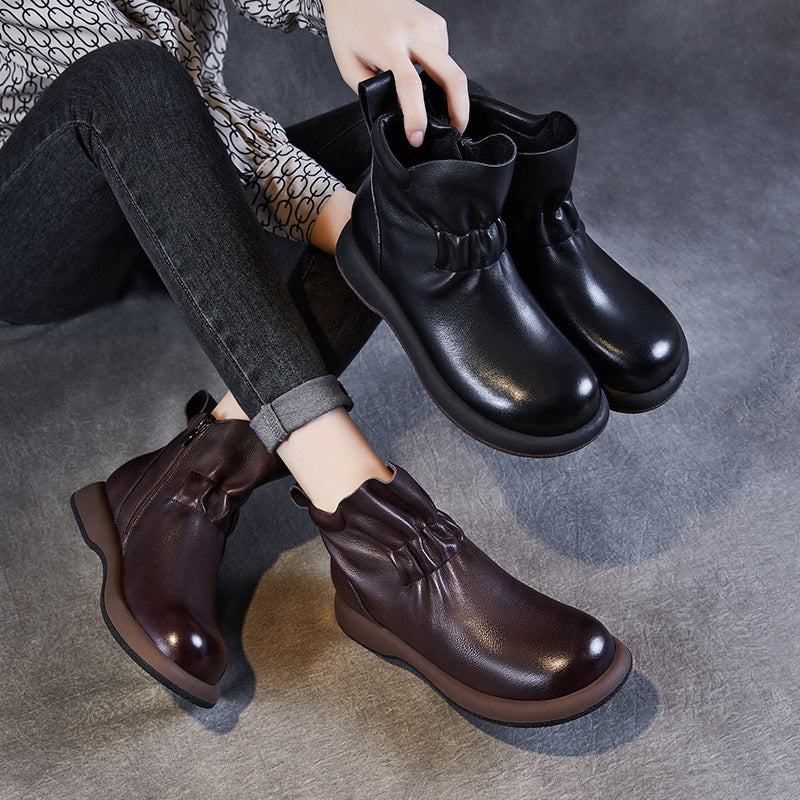 Women Vintage Soft Solid Leather Casual Ankle Boots-RAIIFY