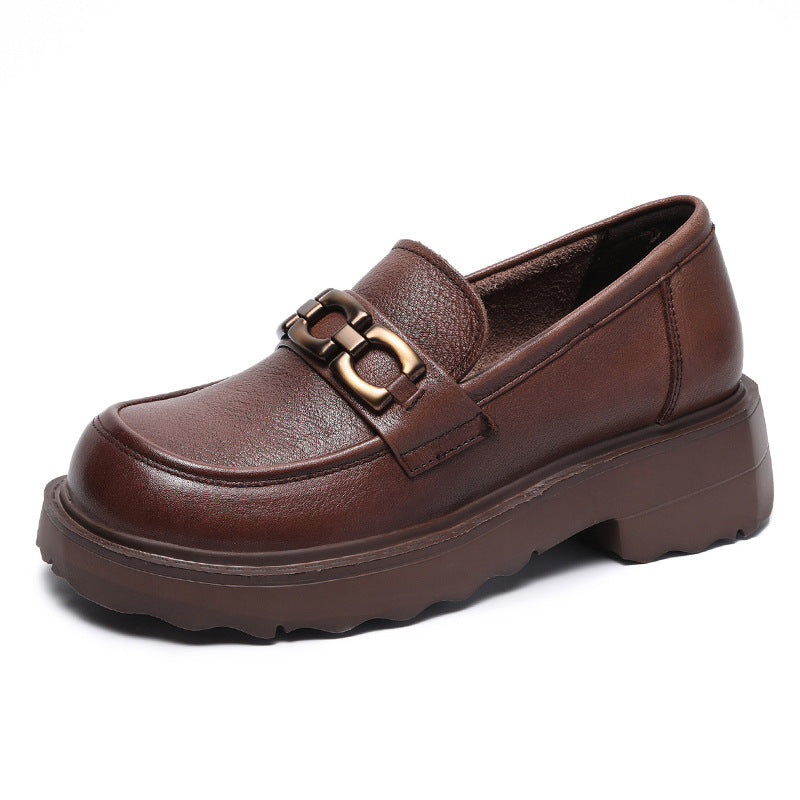 Women Retro Leather Chain Thick Soled Casual Loafers-RAIIFY