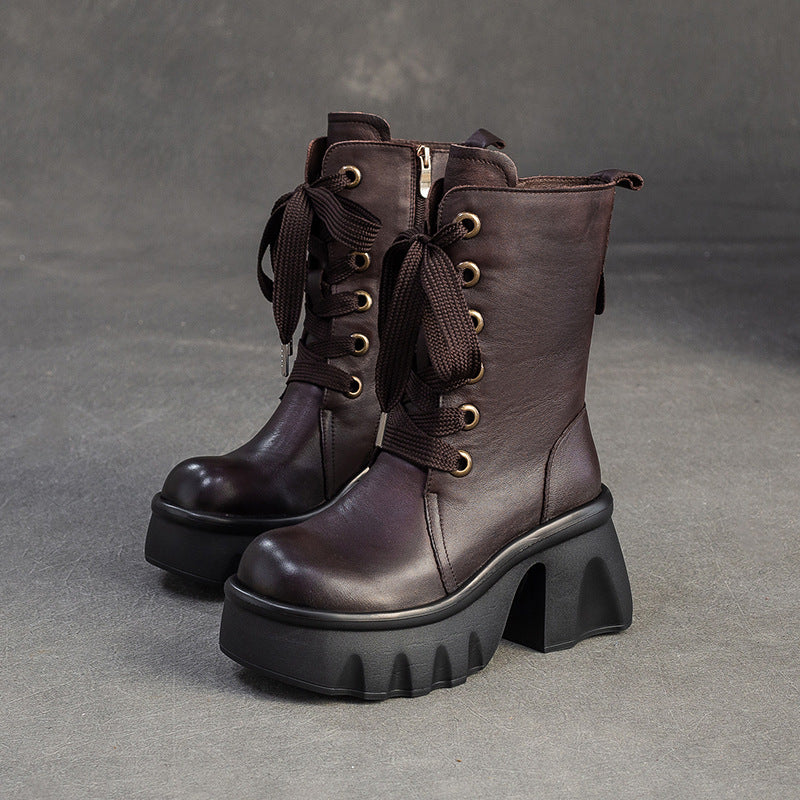 Women's Vintage Leather Chunky Platform Mid-Calf Boots-RAIIFY