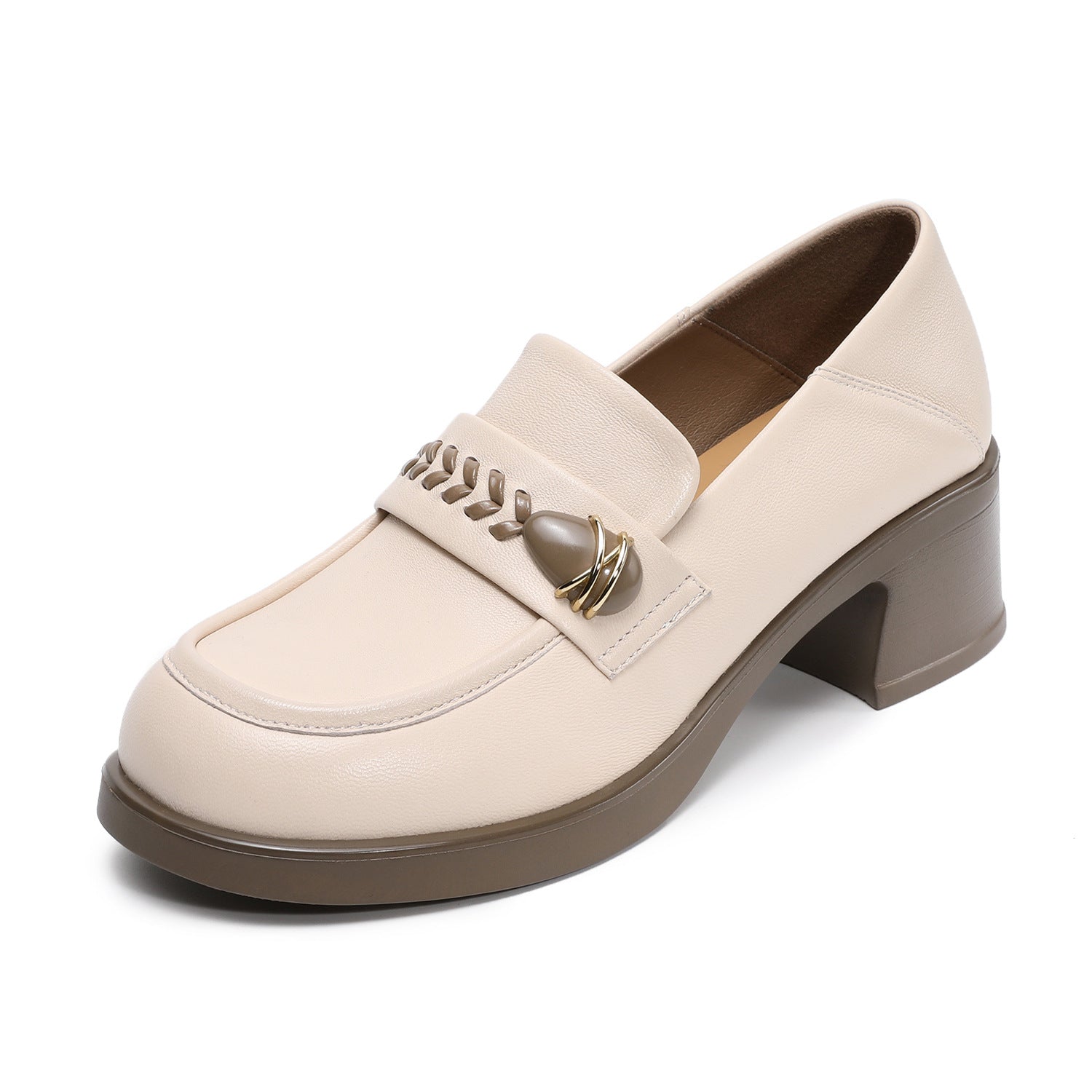 Women's Plain Leather Casual Chunky Heel Loafers-RAIIFY