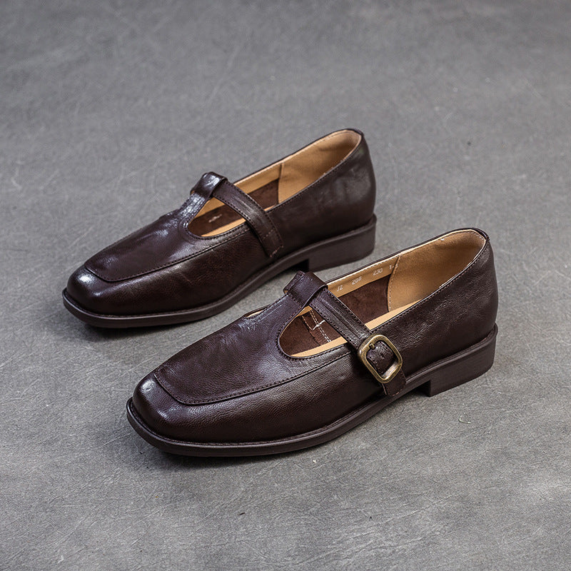 Women T-Strap Retro Leather Casual Loafers