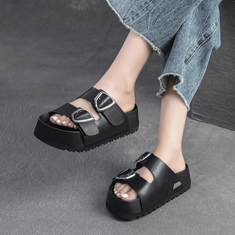 Women Soft Leather Thick Soled Casual Slides Sandals-RAIIFY
