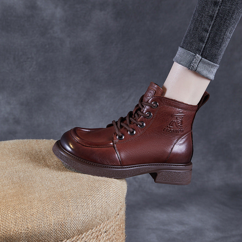 Women Retro Solid Leather Casual Ankle Boots-RAIIFY