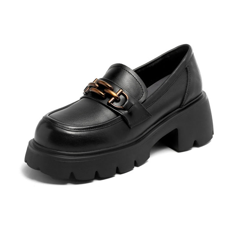 Women Retro Chain Leather Chunky Platform Loafers-RAIIFY