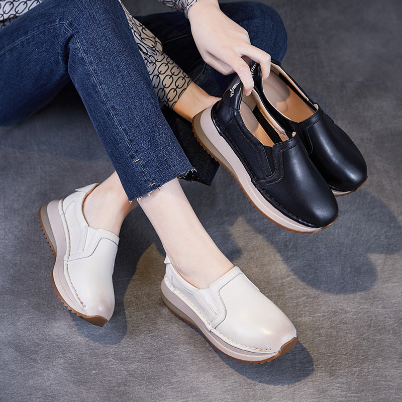 Women Minimalism Solid Leather Casual Loafers-RAIIFY