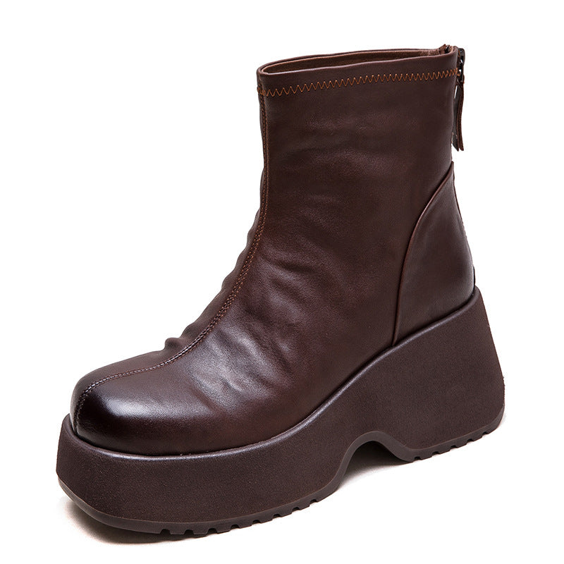 Women Retro Solid Leather Chunky Platform Boots-RAIIFY