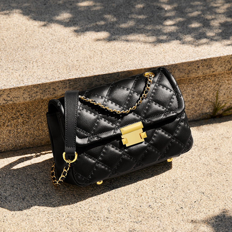 Women's Plain Quilted Leather Chain Strap Cross Body Bag-RAIIFY