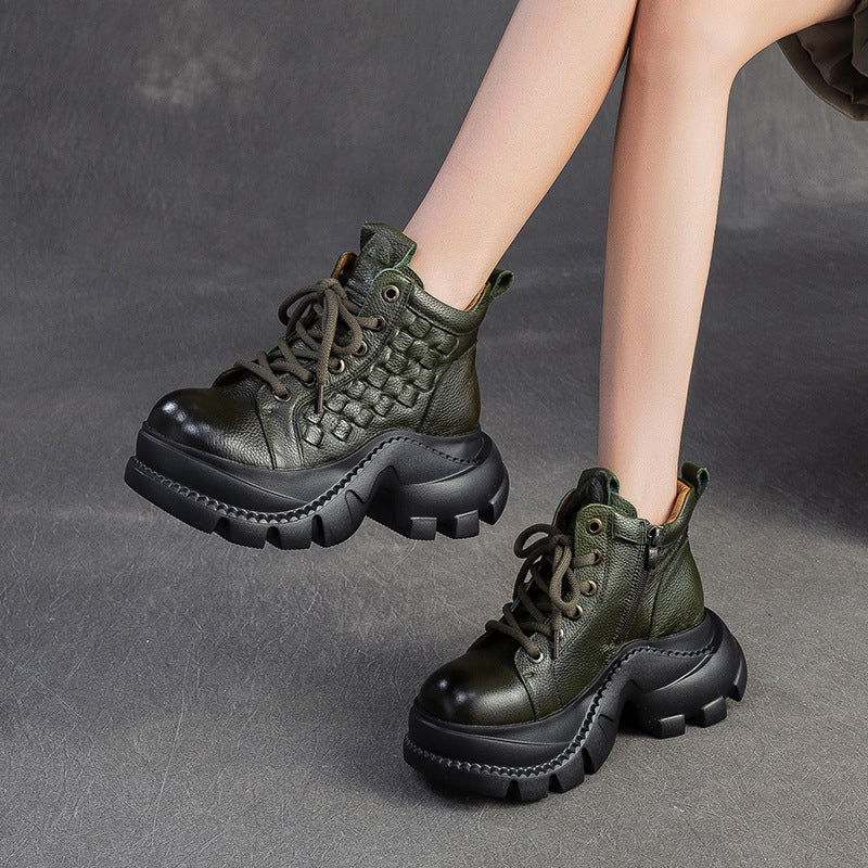 Women's Retro Woven Leather Comfort Platform Boots-RAIIFY