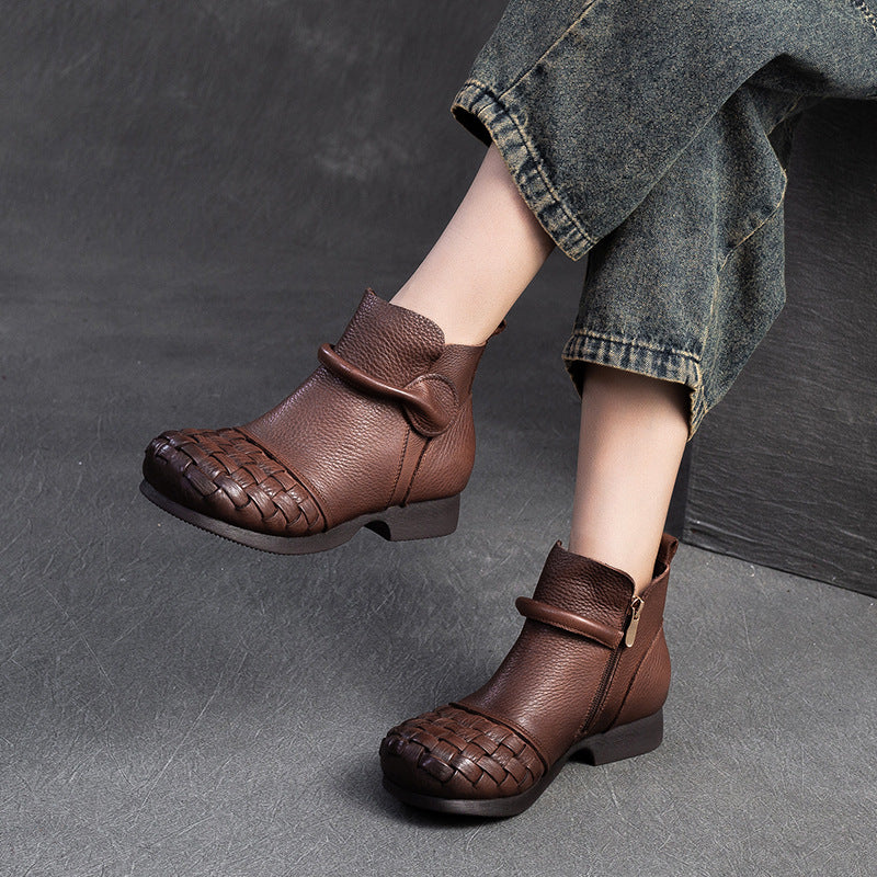 Women Retro Plaited Cowhide Soft Ankle Boots-RAIIFY