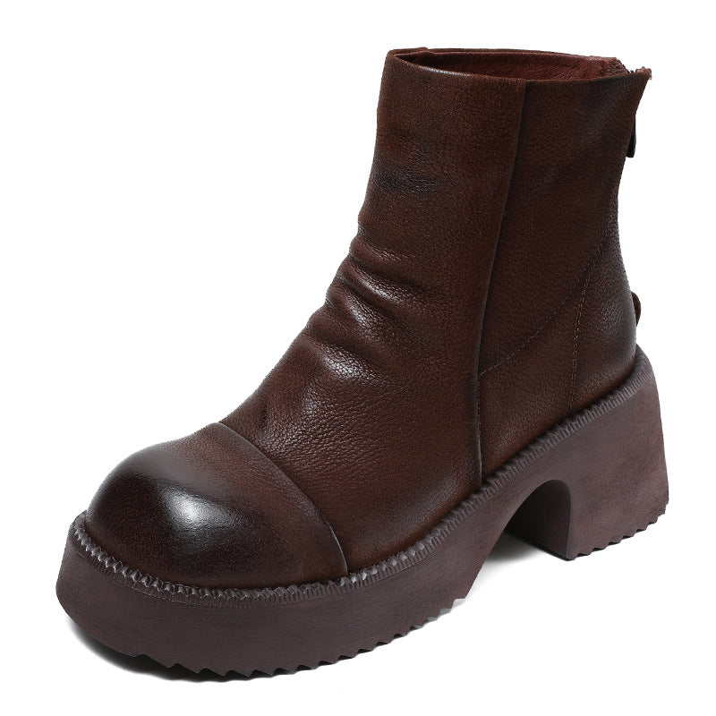 Women Retro Solid Leather Chunky Heel Casual Boots-RAIIFY