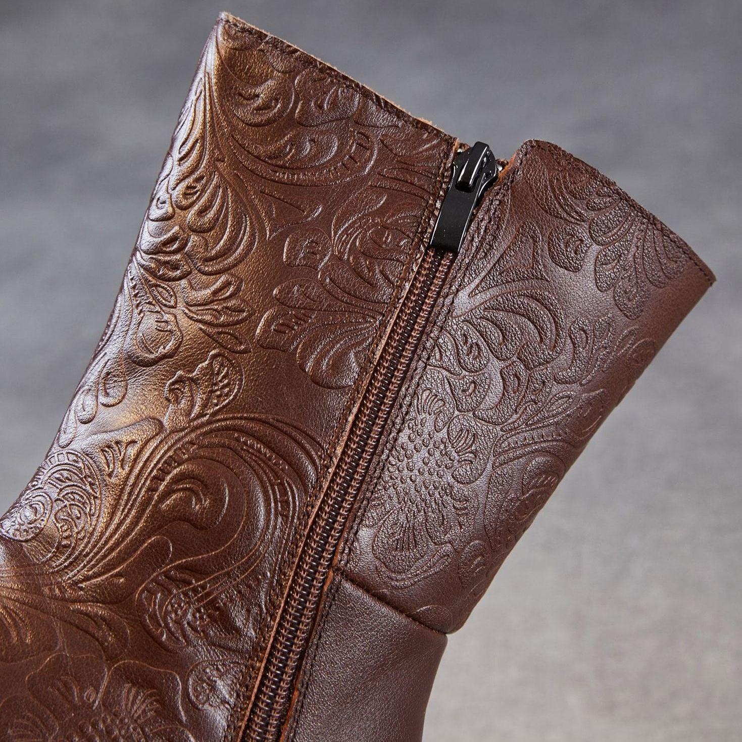 Women's Vintage Embossed Leather Furred Platform Boots-RAIIFY