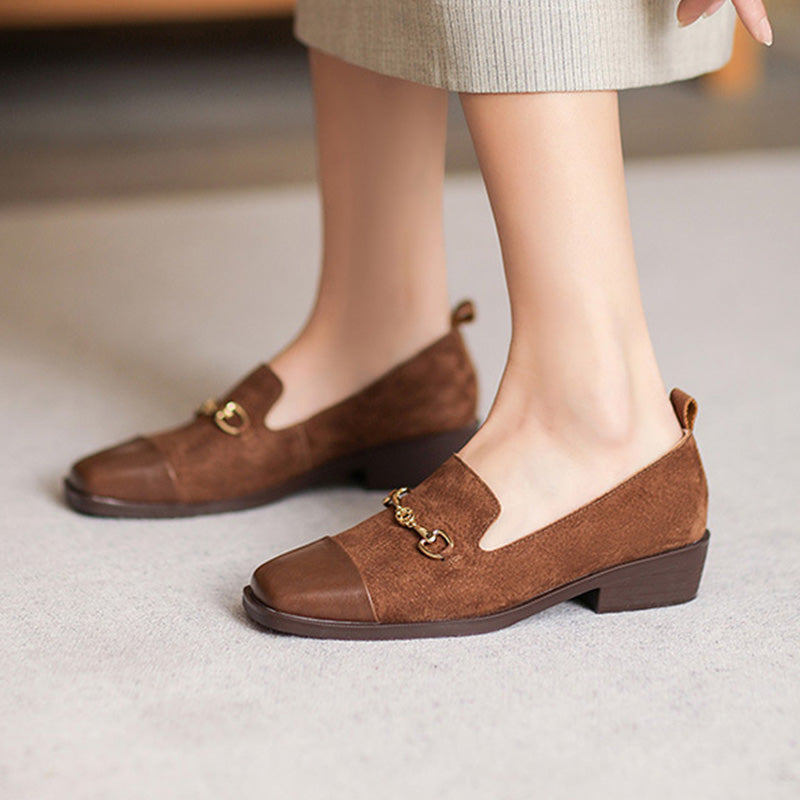 Women Retro Leather Square Head Casual Loafers-RAIIFY