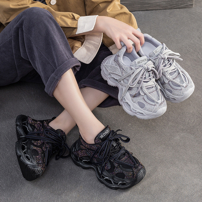 Women Rhinestone Chunky Platform Sneakers Breathable Casual Shoes-RAIIFY