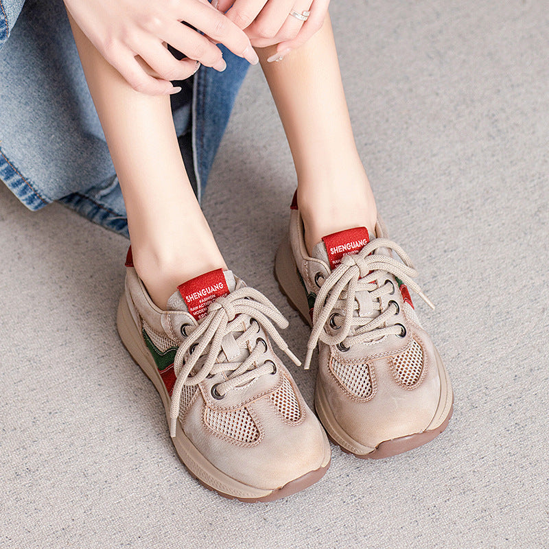 Women Fashion Patchwork Leather Hollow Mesh Casual Shoes-RAIIFY
