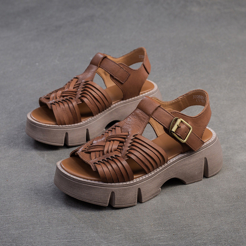 Women Retro Plaited Leather Platform Casual Sandals-RAIIFY