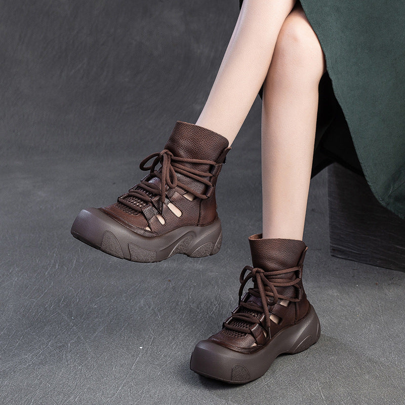 Women Soft Cowhide Hollow Breathable Mesh Ankle Boots-RAIIFY