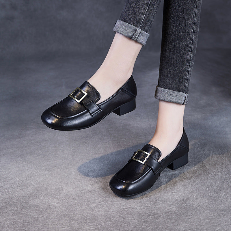 Women Plain Sheepskin Low Block Work Loafers-RAIIFY