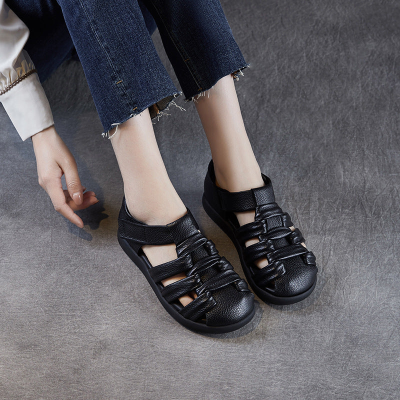 Women's Retro Plain Leather Round Head Velcro Sandals-RAIIFY