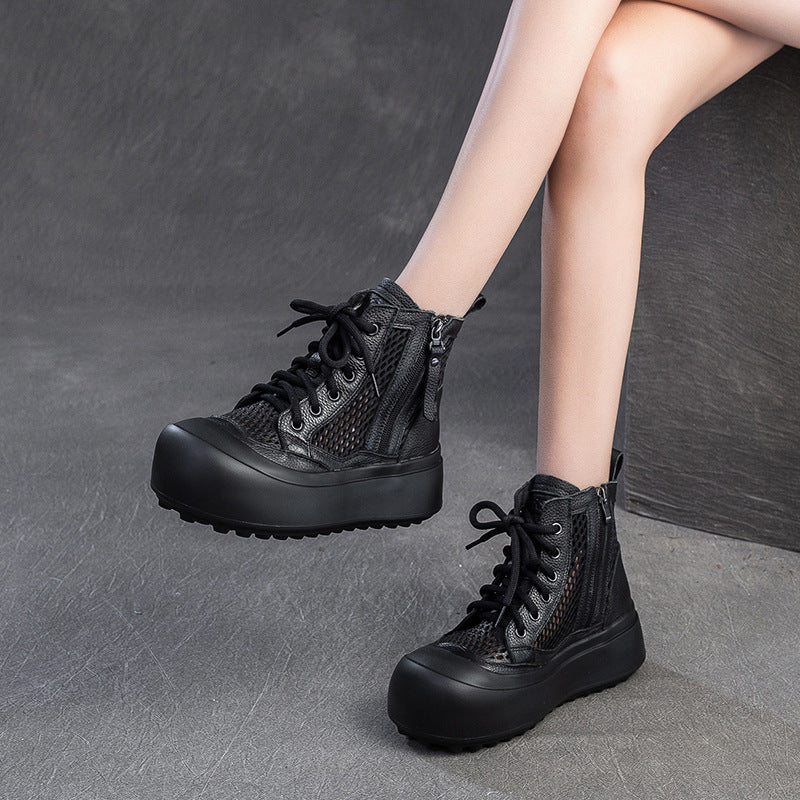 Women Retro Plain Leather Breathable Mesh Thick Soled Boots-RAIIFY