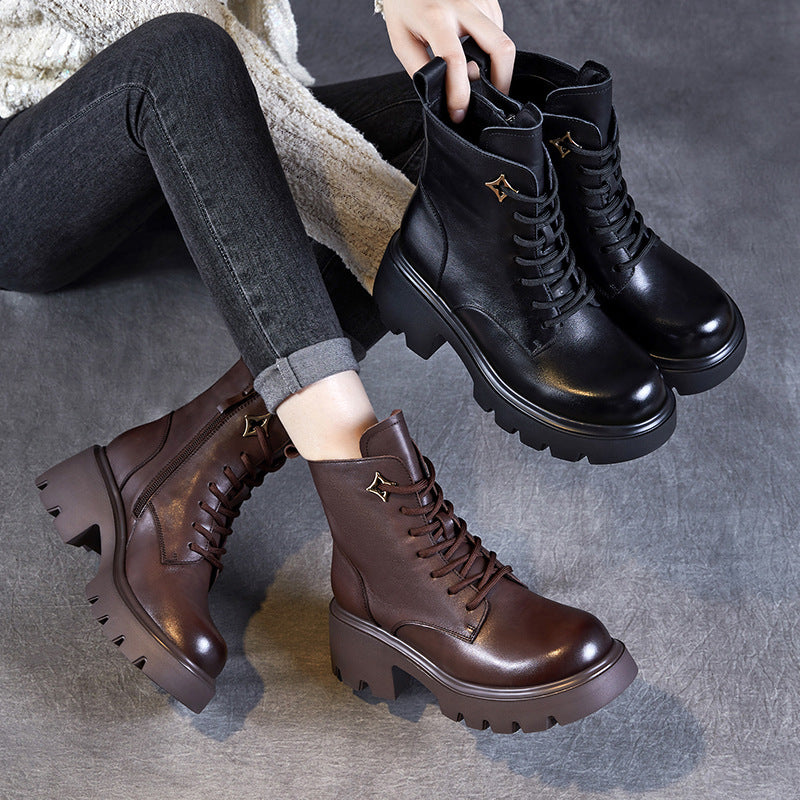 Women Vintage Minimalism Leather Platform Boots-RAIIFY