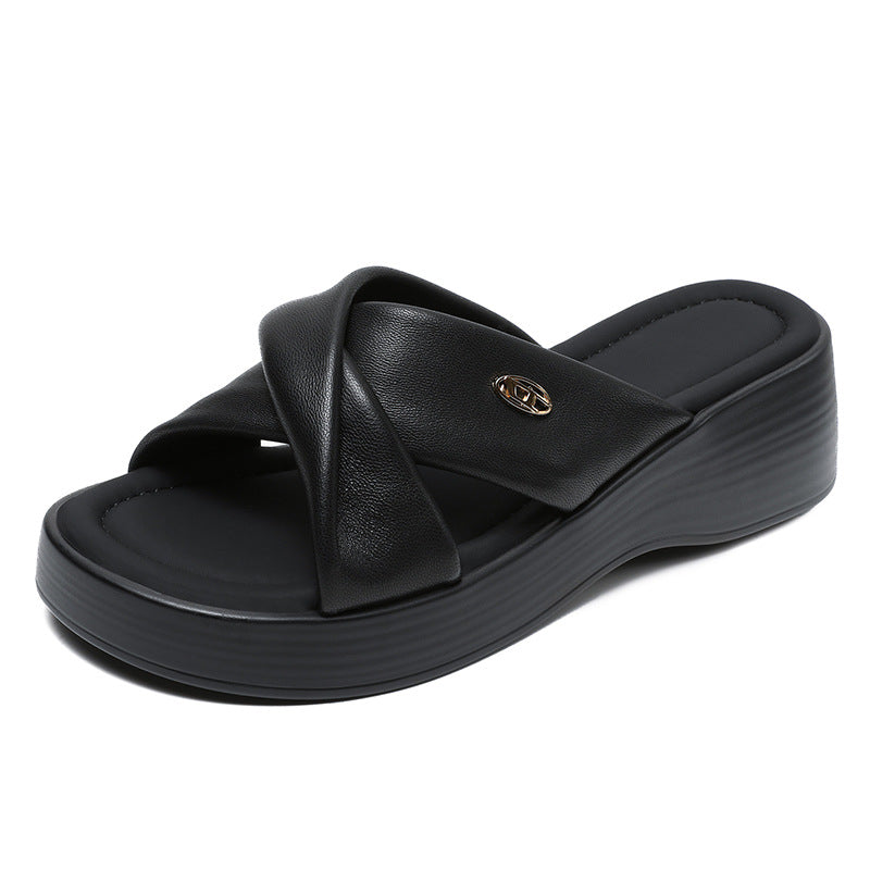 Women Casual Leather Soft Platform Slides Sandals-RAIIFY