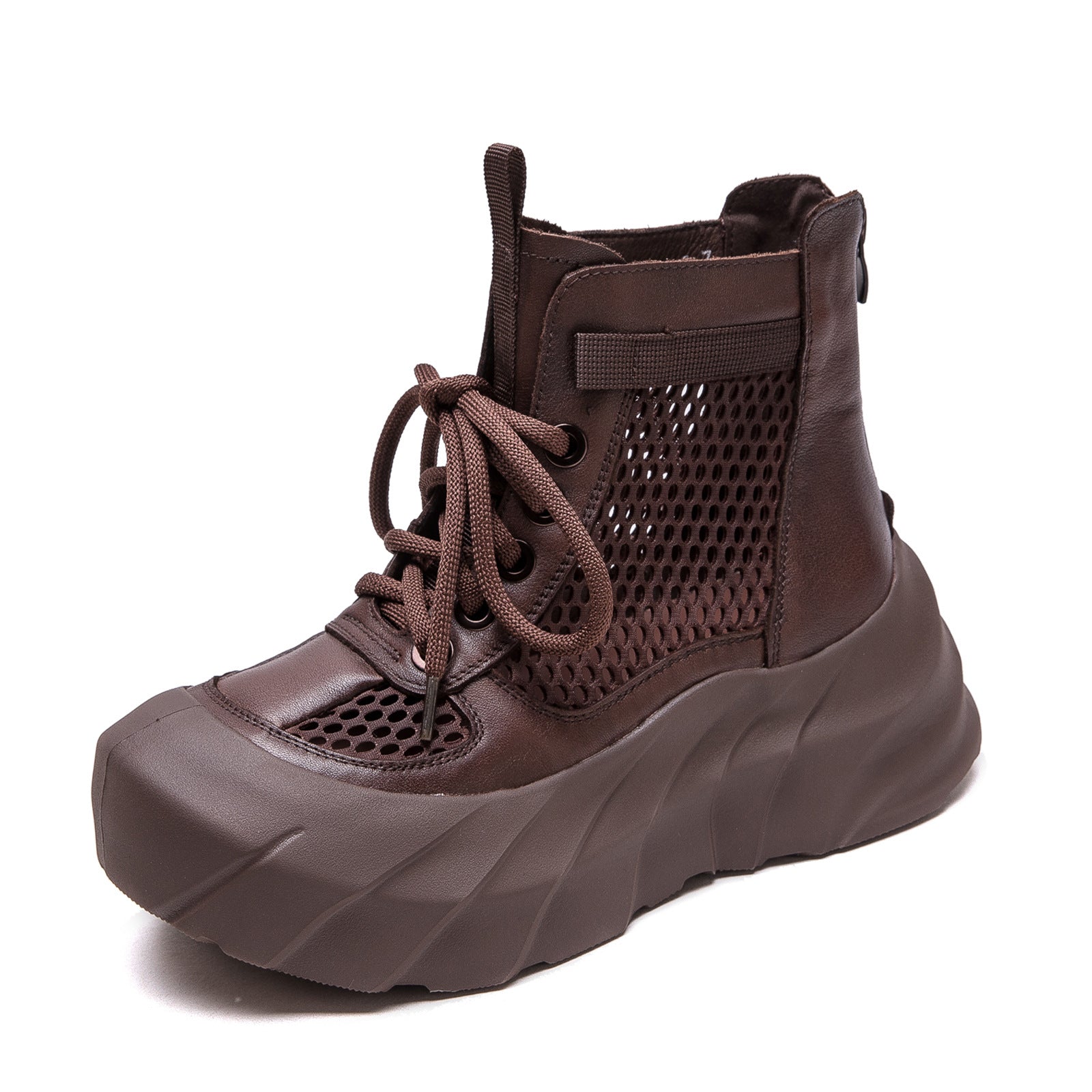 Women Plain Hollow Mesh Leather Platform Boots-RAIIFY