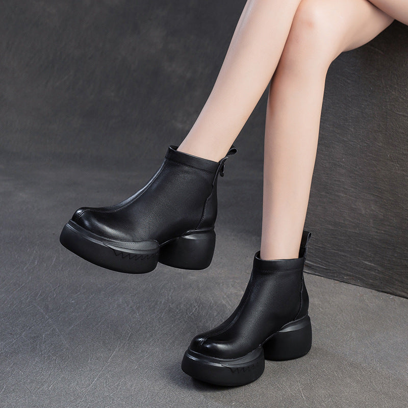 Women Retro Solid Leather Chunky Platform Ankle Boots-RAIIFY