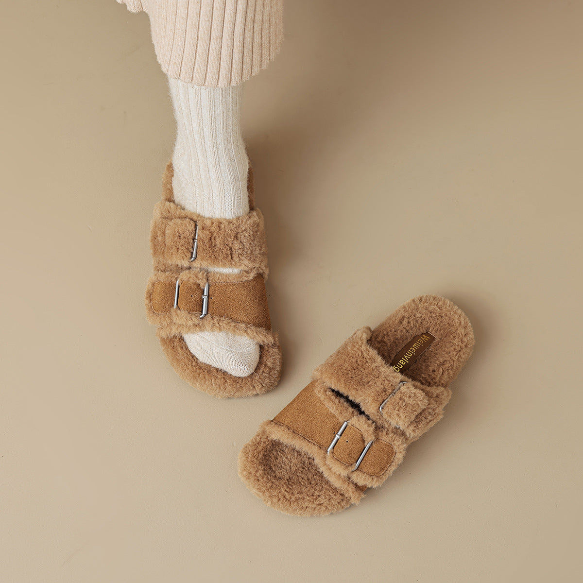 Women Winter Leather Buckle Bedroom Fur Slides-RAIIFY