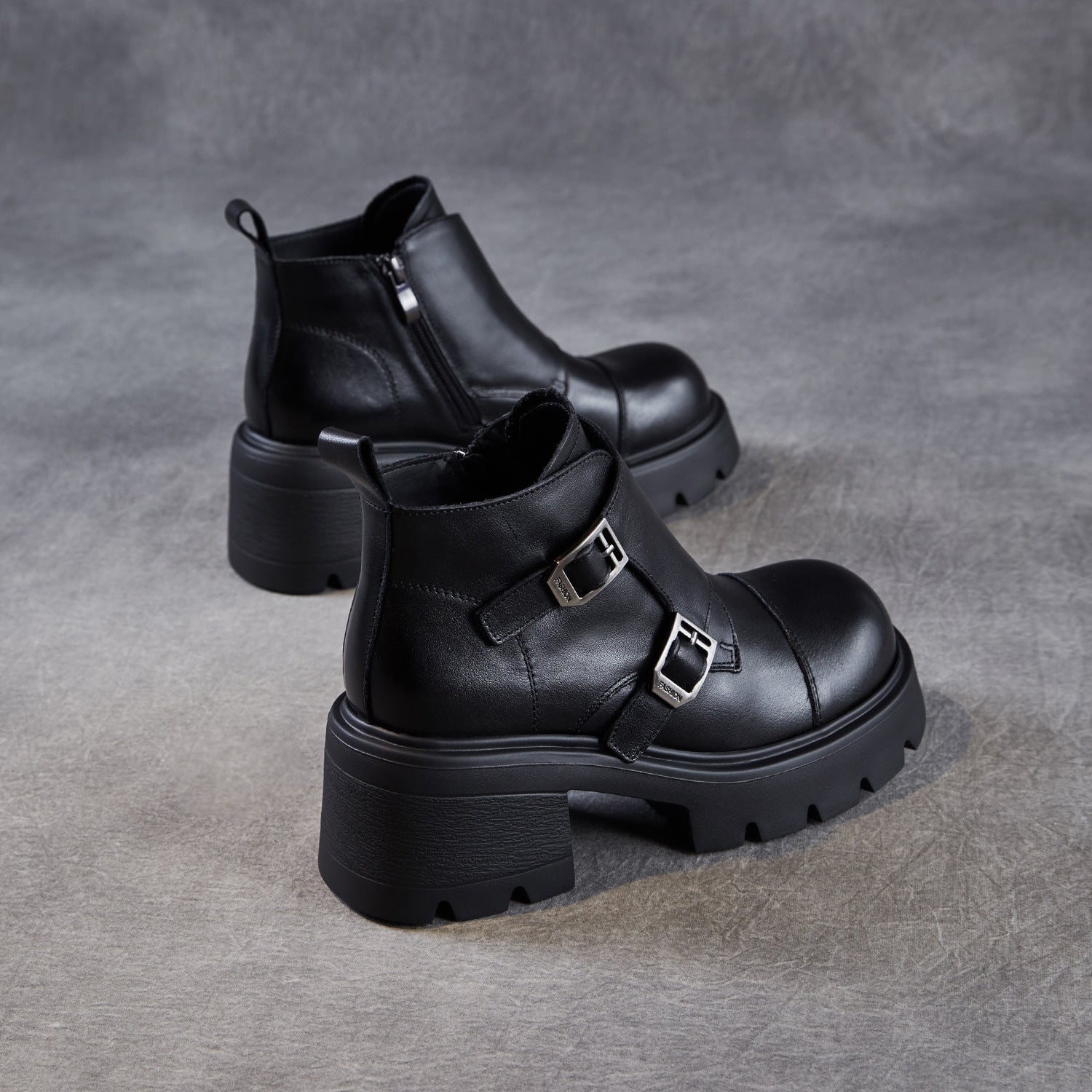 Women's Retro Leather Buckle Platform Ankle Boots-RAIIFY