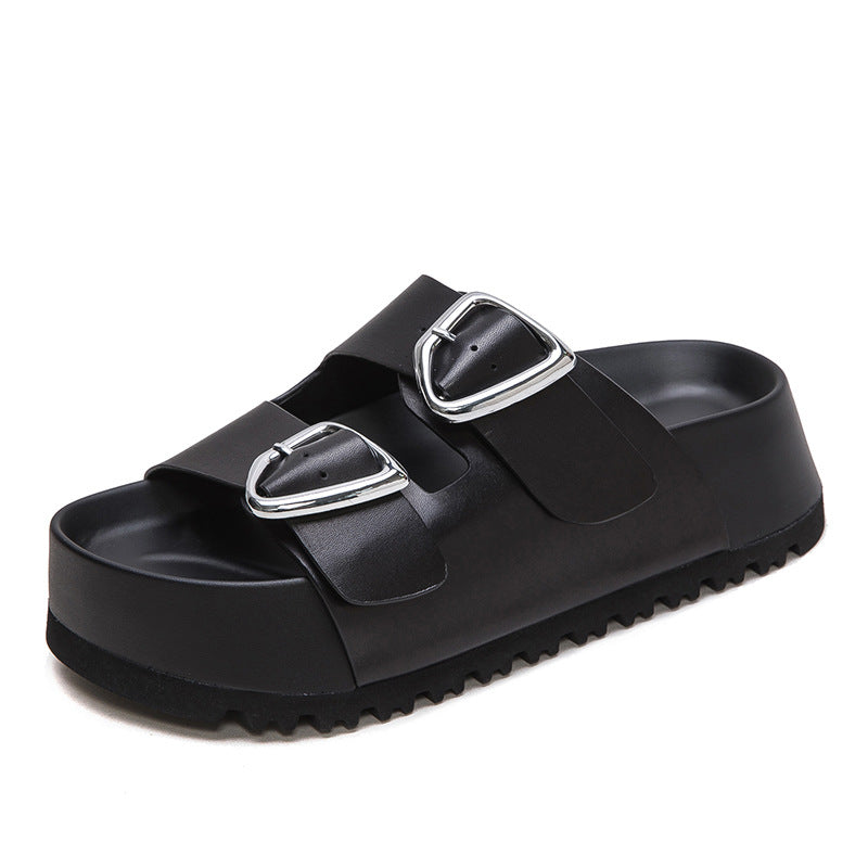 Women Soft Leather Thick Soled Casual Slides Sandals-RAIIFY