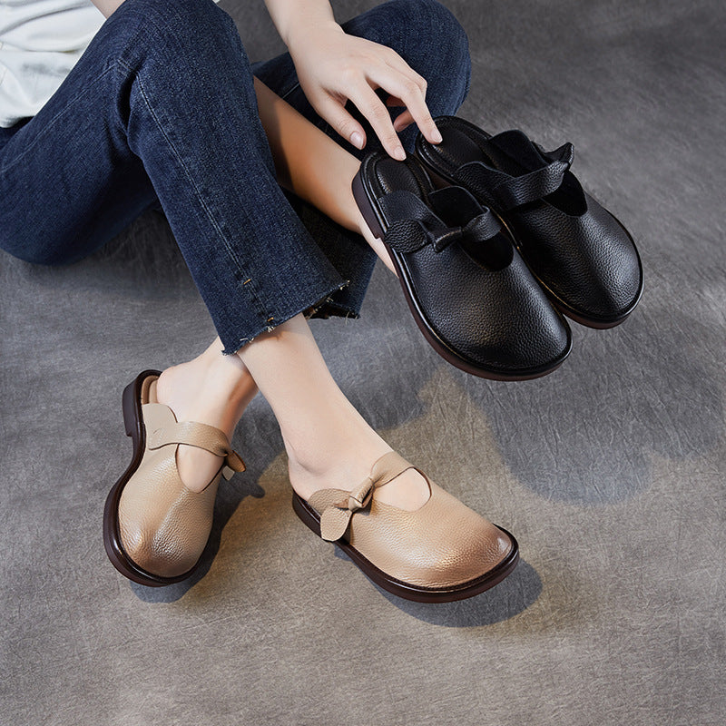 Women's Retro Plain Leather Soft Flat Mules-RAIIFY