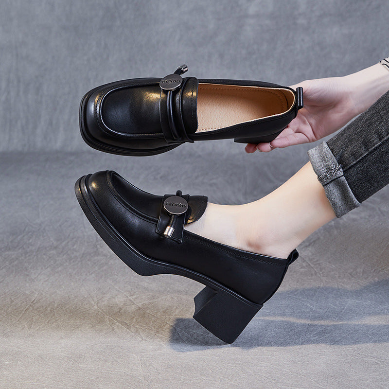 Women Minimalist Casual Leather Chunky Heel Loafers-RAIIFY