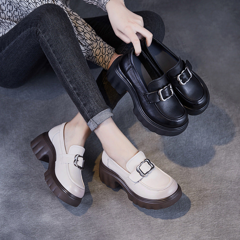 Women Retro Leather Chunky Heel Casual Loafers-RAIIFY