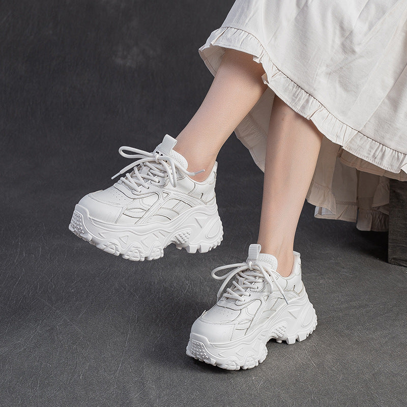 Women's Plain Leather Chunky Platform Sneakers-RAIIFY