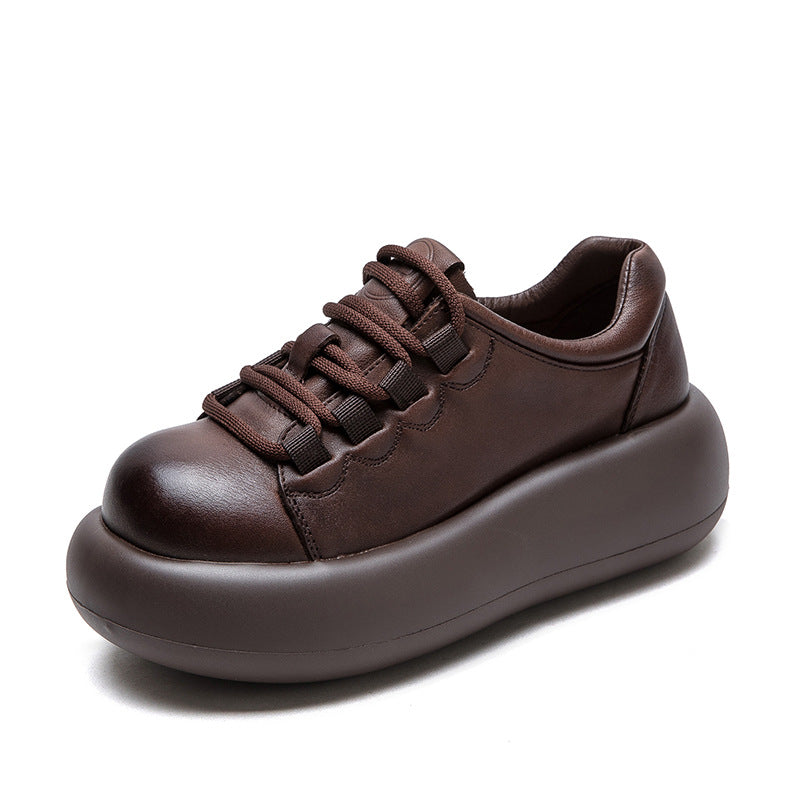 Women Retro Solid Leather Thick Soled Casual Shoes-RAIIFY