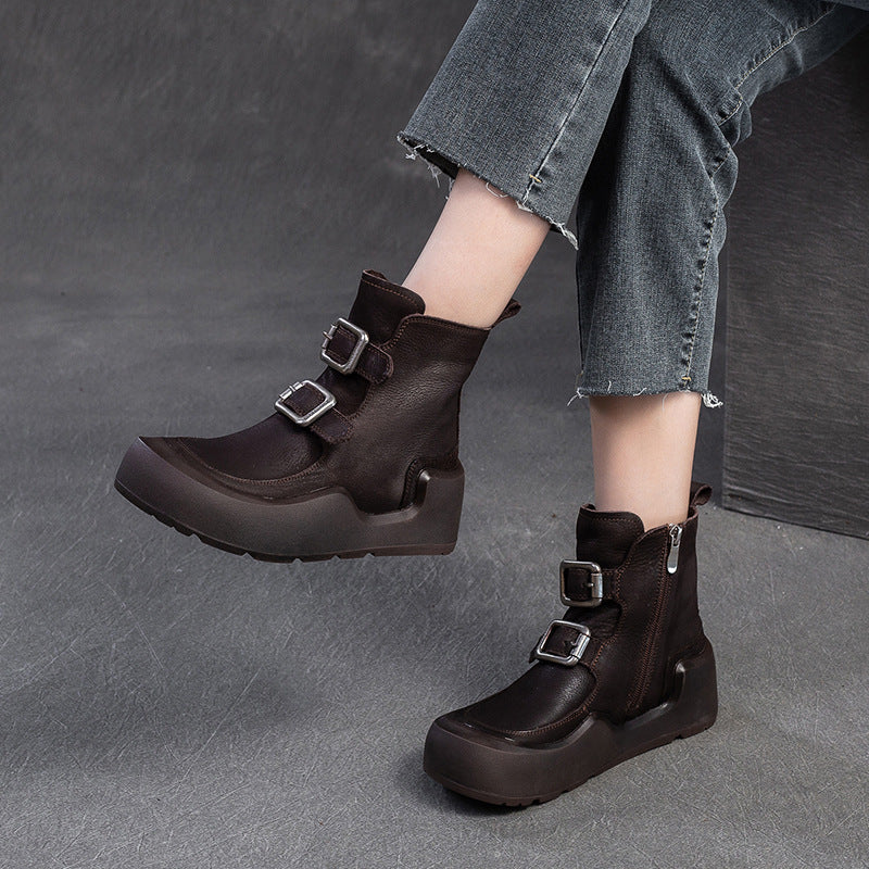 Women Retro Solid Leather Buckle Platform Boots-RAIIFY